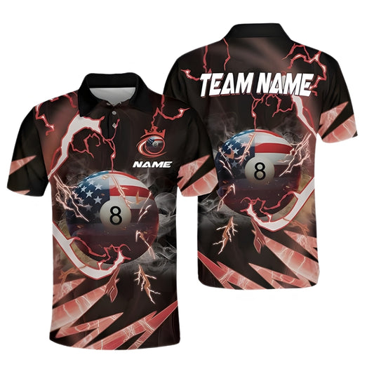 Custom USA Flag 8 Ball  Billiard Polo Shirt Mens, Custom Patriotic Billiard Shirts For Team BIZ0256