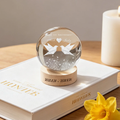 Happy 1st Anniversary Custom Paper Bird Crystal Ball Led Night Light, Custom Paper Wedding Anniversary Night Light WD0823