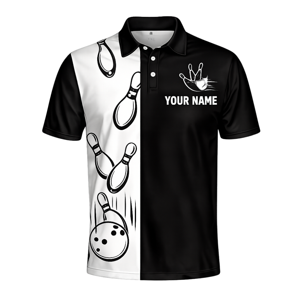 Custom Team Black And White Bowling Men Polo Shirt, Custom Bowling Shirts BZ0439