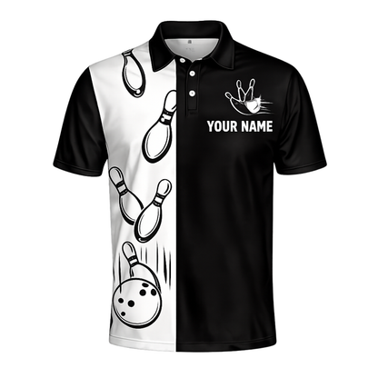 Custom Team Black And White Bowling Men Polo Shirt, Custom Bowling Shirts BZ0439