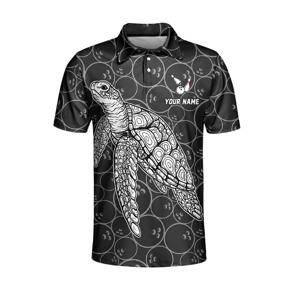 Custom Turtle Mens Black Bowling Polo Shirt, Custom Turtle Bowling Team Shirts BZ0458