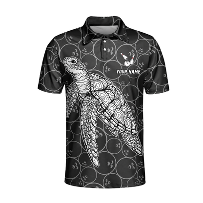 Custom Turtle Mens Black Bowling Polo Shirt, Custom Turtle Bowling Team Shirts BZ0458