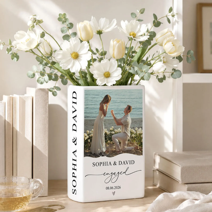 Personalized Photo Engagement Ceramic Book Vase, Custom New Engaged Couple Book Vase WD0633