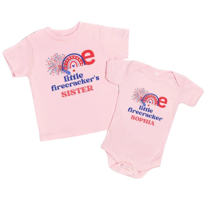 One Little Firecracker Custom Matching First Birthday  Family T Shirt, Custom 4th Of July Birthday Shirts For Family ET0675