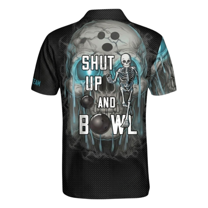 Shut Up And Bowl Custom Skull Mens Bowling Polo Shirt Black Cyan, Custom Skull Bowling Shirts With Name BZ0490