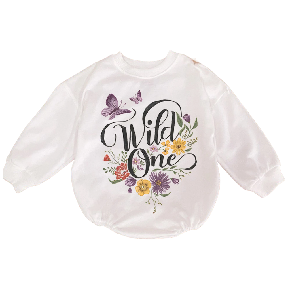Wild One Floral Baby Romper Sweatshirt, Flower First Birthday Romper Sweatshirt For Baby BB0540