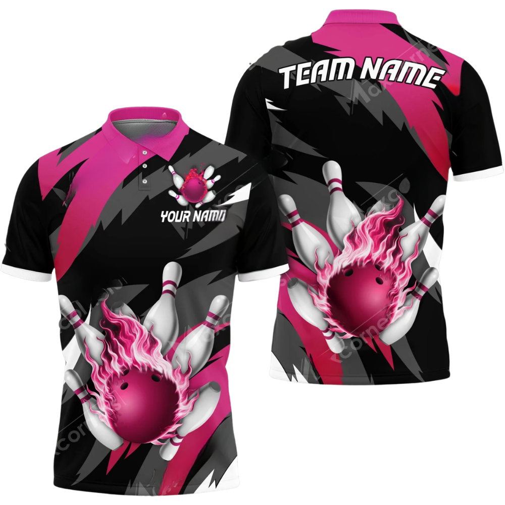 Custom Cyan Flame Bowling Mens Polo Shirt, Custom Flame Bowling Team Shirts BZ0590