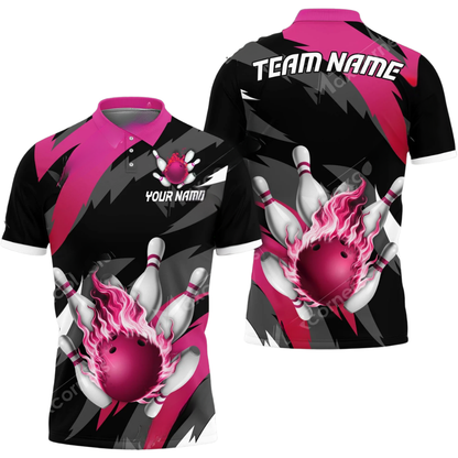 Custom Cyan Flame Bowling Mens Polo Shirt, Custom Flame Bowling Team Shirts BZ0590
