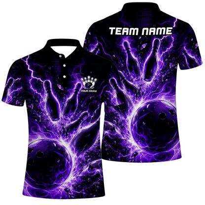 Custom Thunder Lightning Purple Bowling Polo Shirt, Custom Team Thunder Bowling Shirts BE0193