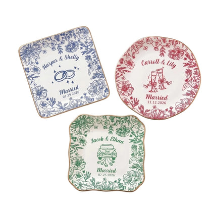 Personalized Floral Wedding Ring Dish, Custom Wedding Jewelry Dish With Couple Name WD0282