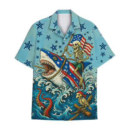 Shark Skull USA Flag Hawaiian Shirt For Men, Shark Patriotic Hawaiian Shirts HE0547
