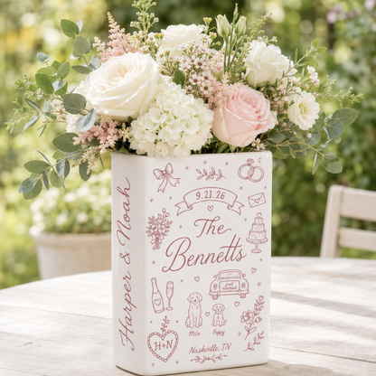 Custom Pink Wedding Storyboard Ceramic Book Vase, Custom Wedding Book Vase WD0551