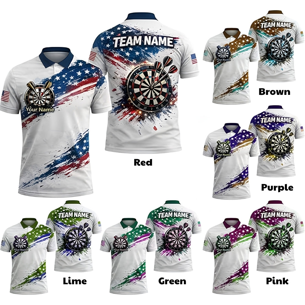 Custom US Flag White Red Blue Darts Men Polo Shirt, Custom Team Patriotic Darts Shirts DZ0086