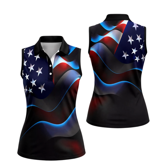 Neon American Flag Women's Sleeveless Golf Shirt, 4th Of July Patriot Golf Shirts For Ladies