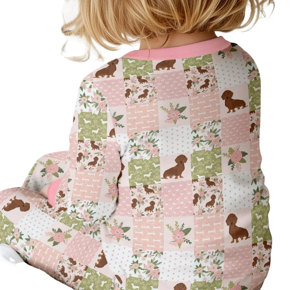 Dachshund Floral Pink Baby Convertible Zipper Romper, Dachshund Dog Convertible Baby Romper BB0666