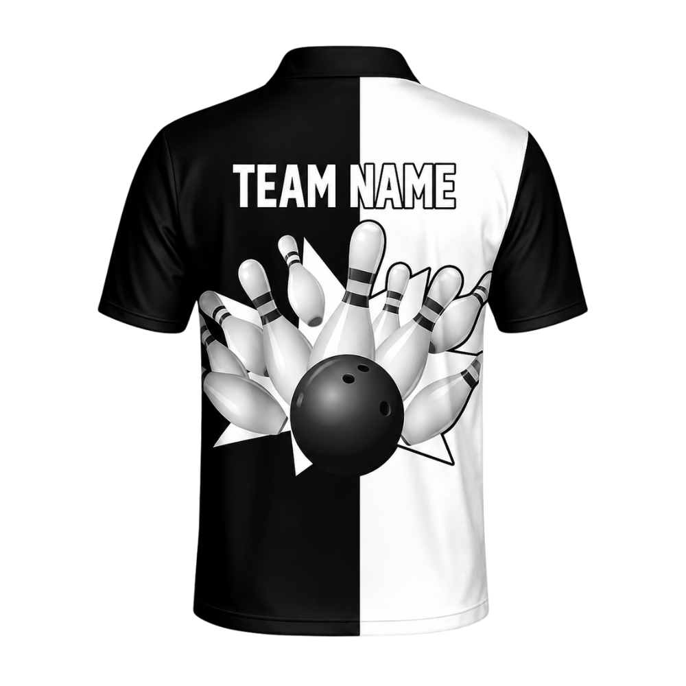 Custom Team Black And White Bowling Men Polo Shirt, Custom Bowling Shirts BZ0439