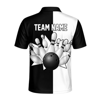 Custom Team Black And White Bowling Men Polo Shirt, Custom Bowling Shirts BZ0439