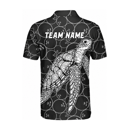 Custom Turtle Mens Black Bowling Polo Shirt, Custom Turtle Bowling Team Shirts BZ0458