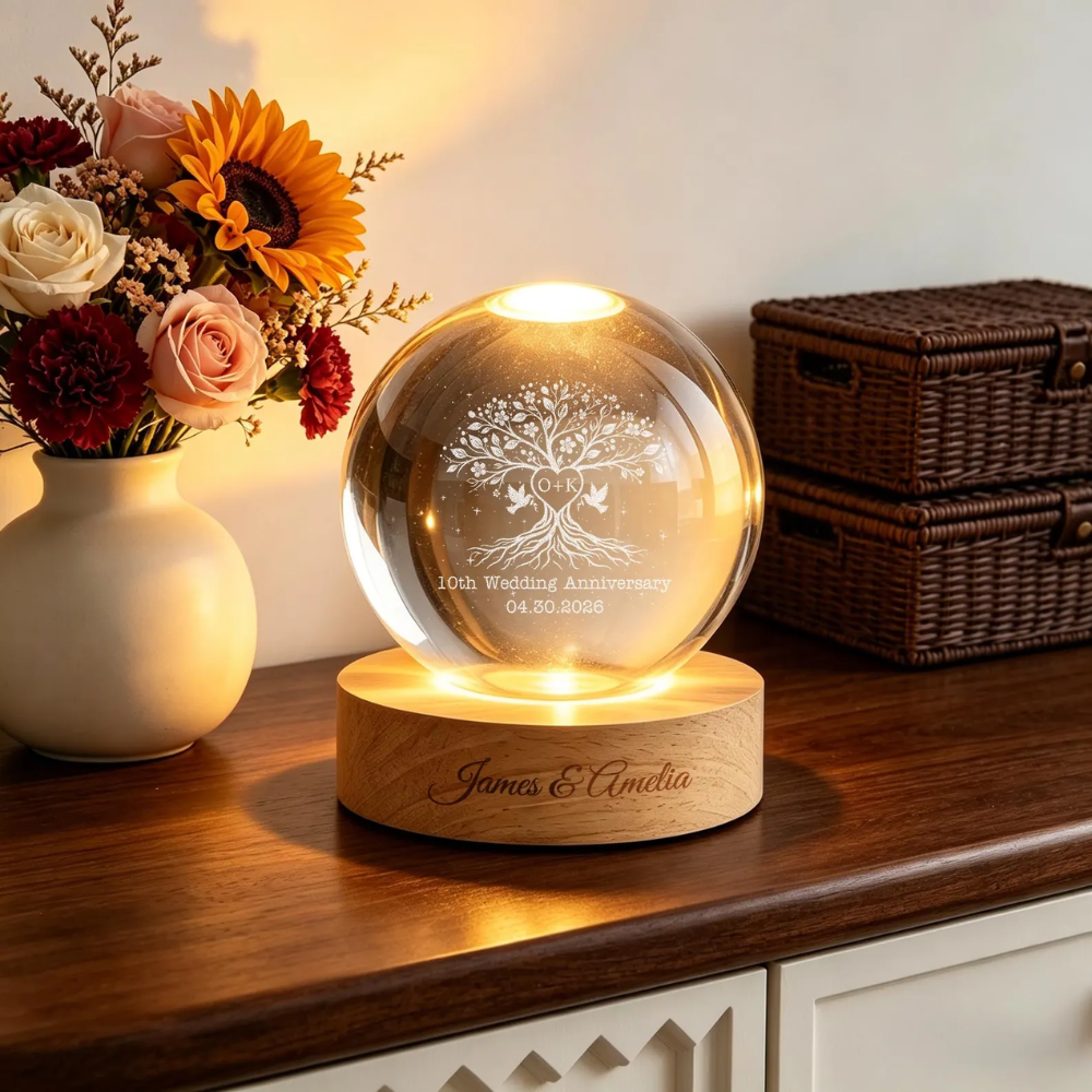 Custom 10th Wedding Anniversary Tree Crystal Ball Led Night Light, Custom Ten Years Wedding Night Light WD0824