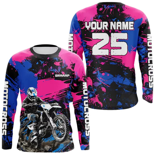 Custom Rider Blue Pink Motocross Long Sleeve Jersey For Men, Custom Racing Dirt Bike Shirts ME0035