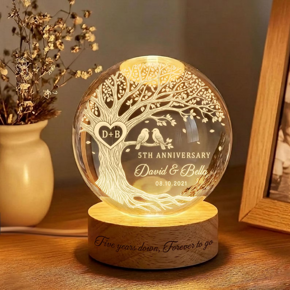 Five Years Down Forever To Go Custom Birds Couple Crystal Ball Led Night Light, Custom 5th Wedding Anniversary Night Light WD0895