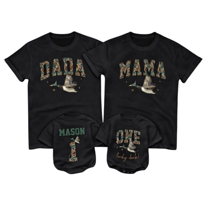 One Happy Duck Custom Mallard Hunting Birthday Family Matching T Shirt, Custom First Birthday Hunting Family Shirts ET1516
