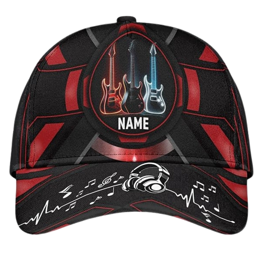 Custom Name Guitar Baseball Cap Black Red, Personalized Guitar Lover Cap CP0467