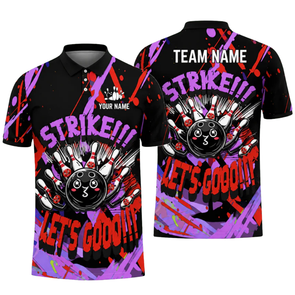 Strike Let's Go Custom Funny Pins And Ball Graffiti Bowling Mens Polo Shirt, Custom Funny Bowling Team Shirts BZ0477
