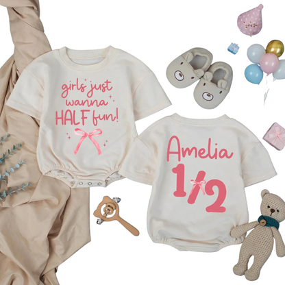 Custom Girls Just Wanna Half Fun Baby Tshirt Romper, Custom 1/2 Birthday Baby Girl Romper BB0291