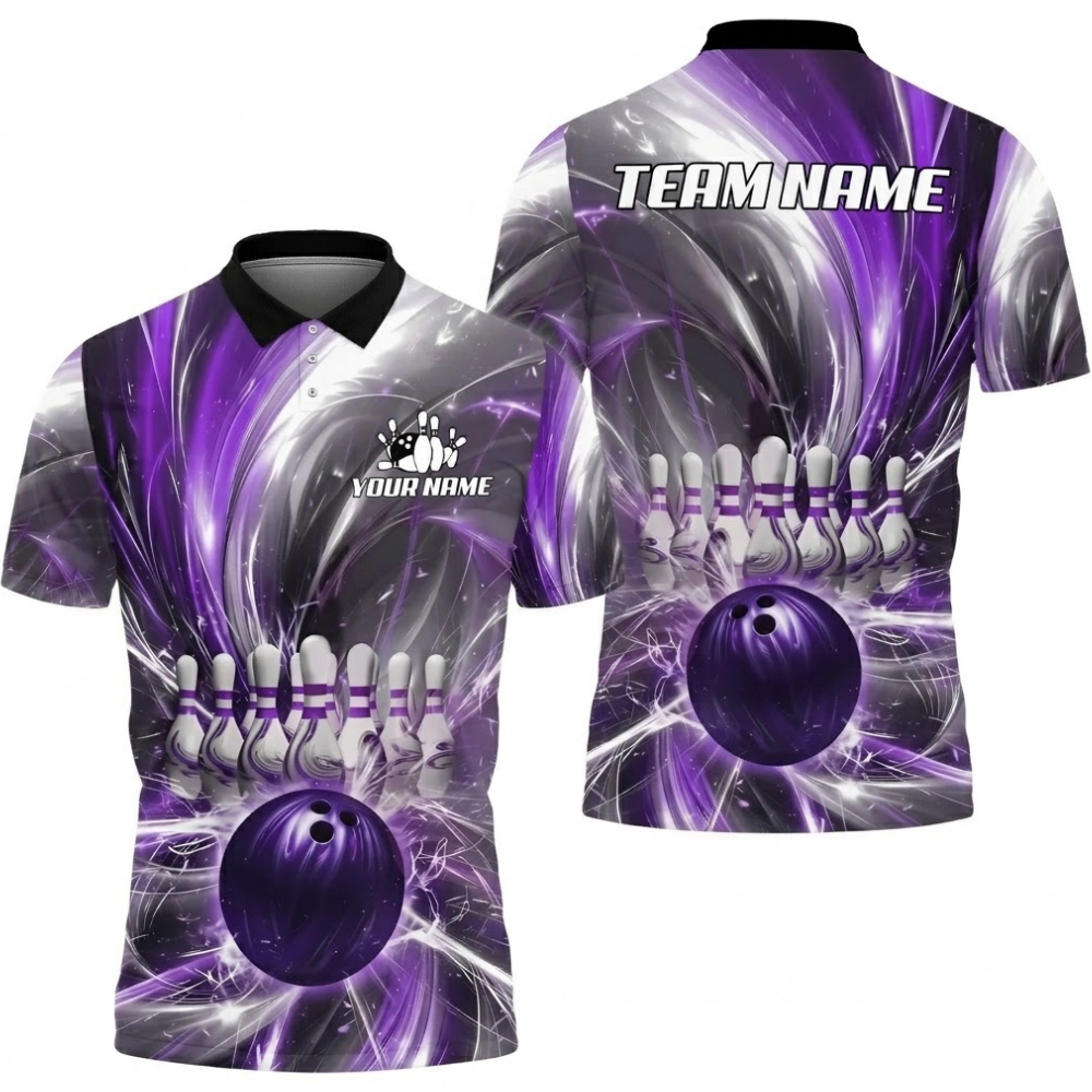 Custom Purple Lightning Bowling Mens Polo Shirt, Custom Team Bowling Shirts BZ0754