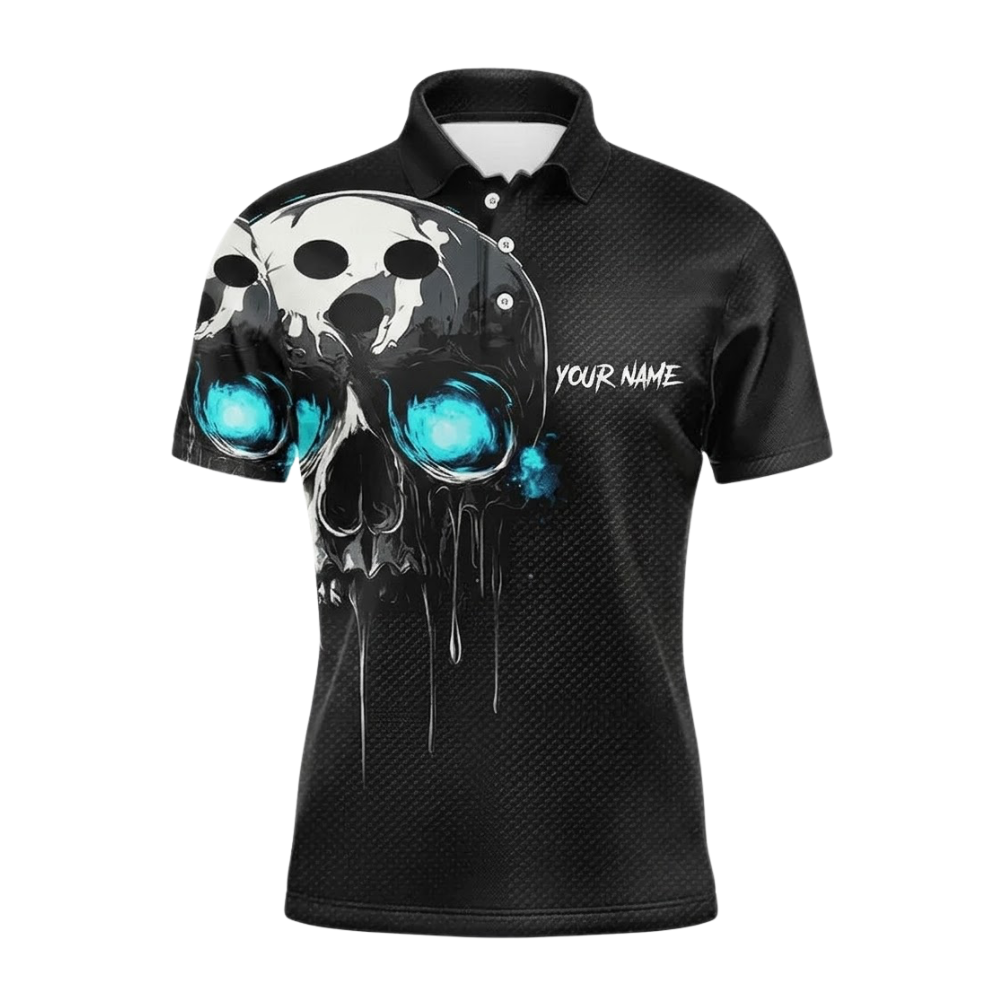 Custom Skull Black Cyan Bowling Polo Shirt Men, Custom Skull Bowling Team Shirt BZ0767