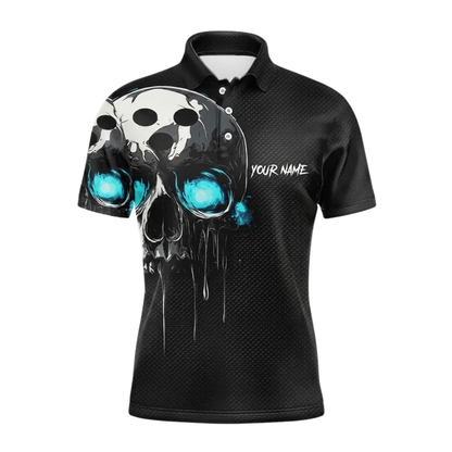 Custom Skull Black Cyan Bowling Polo Shirt Men, Custom Skull Bowling Team Shirt BZ0767