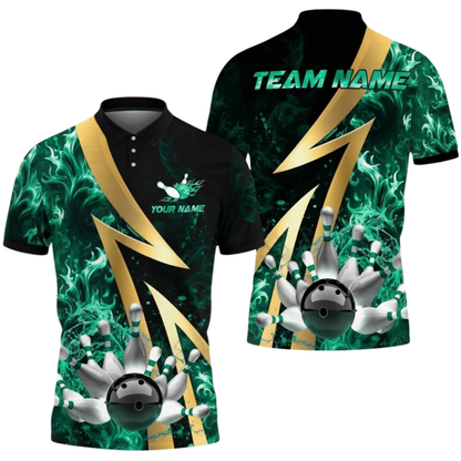 Blue Flame Custom Mens 3D Bowling Polo Shirt, Custom Flame Bowling Team Shirts BZ0557