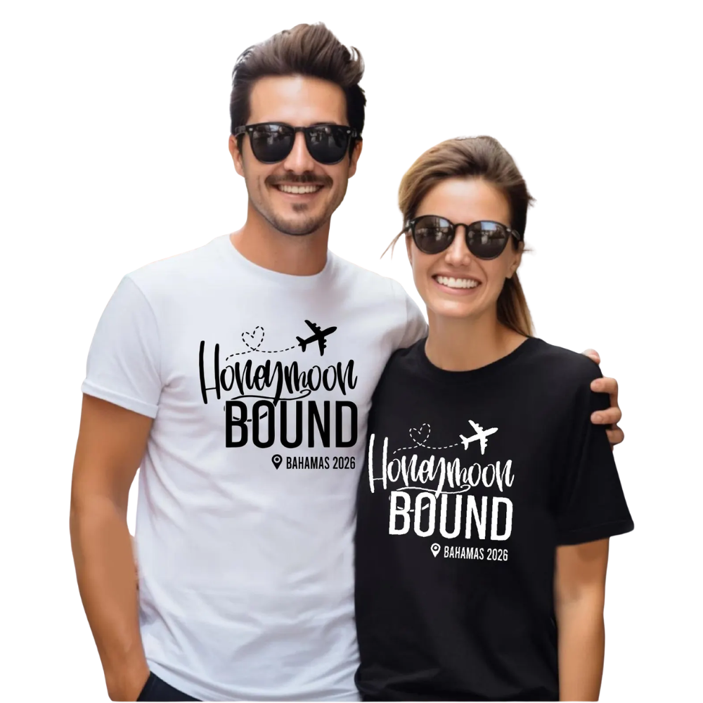 Honeymoon Bound Custom Destination Couple Matching T Shirt, Personalized Honeymoon Matching His And Her Shirts ET1090