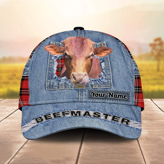 Beefmaster Overall Jeans Pattern And Red Caro Pattern Customized Name Cap CA0211