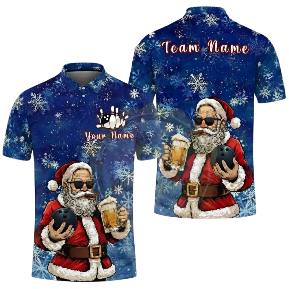 Custom Santa And Beer Bowling Polo Shirt Mens, Custom Christmas Bowling Shirt For Team BZ0624