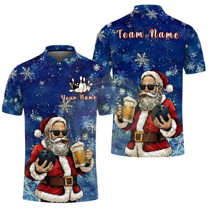 Custom Santa And Beer Bowling Polo Shirt Mens, Custom Christmas Bowling Shirt For Team BZ0624