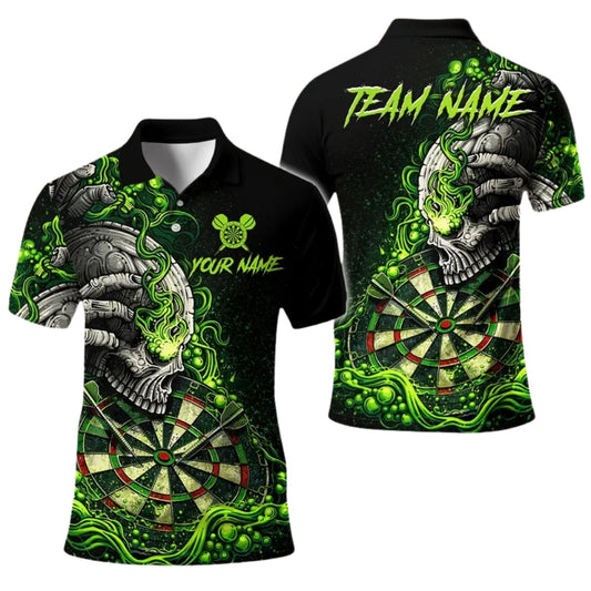 Custom Skull Flaming Black And Green Dart Men's Polo Shirt, Custom Skull Darts Team Shirts DE0088