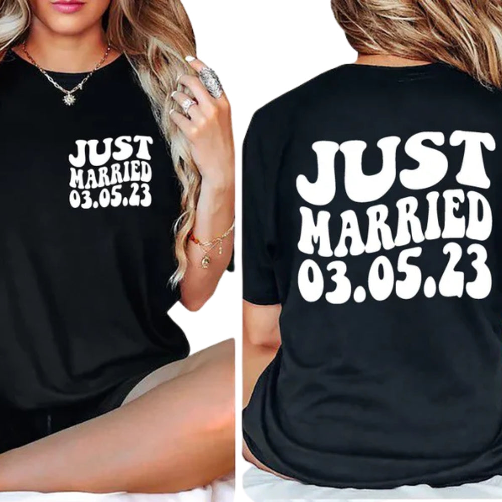 Just Married Personalized Bride And Groom Matching T Shirts, Custom Wedding Date Matching Couple Shirts ET0814