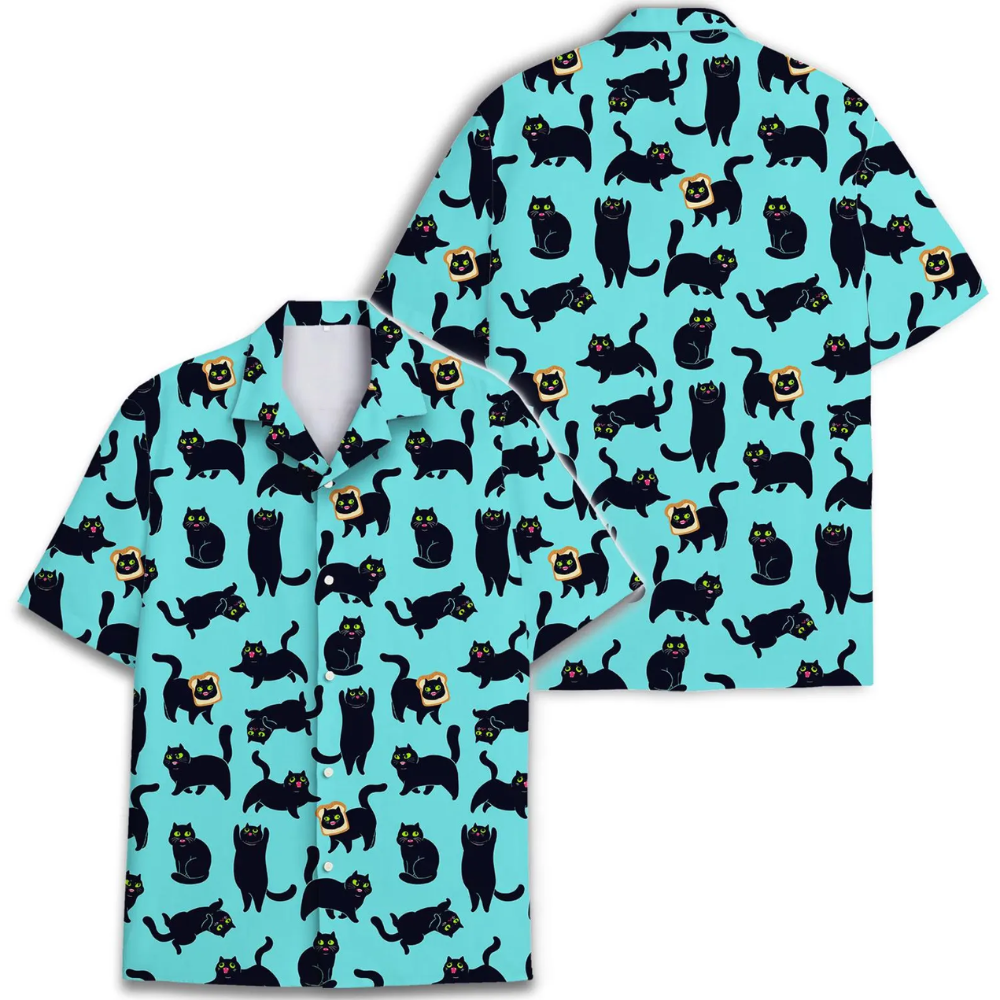 Black Cat Cyan Hawaiian Shirt For Men Women, Cat Hawaiian Shirt For Pet Lover HE0724