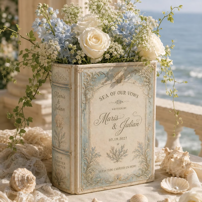 Custom Coastal Vintage Wedding Ceramic Book Vase, Custom Beach Destination Wedding Book Vase WD0595