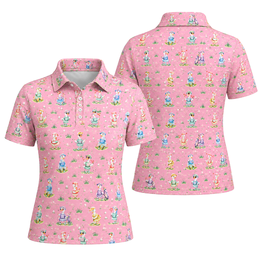 Women's Silly Goose Pink Golf Polo Shirt, Funny Goose Golf Shirts For Ladies GE0471