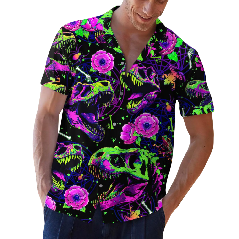 Dinosaur Skeleton Floral Hawaiian Shirt For Men, Skull Dinosaur Hawaiian Shirt HE0624