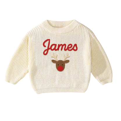 Custom Name Christmas Reindeer Embroider Knit Baby Sweater, Custom Christmas Baby Knit Sweatshirt BB0123
