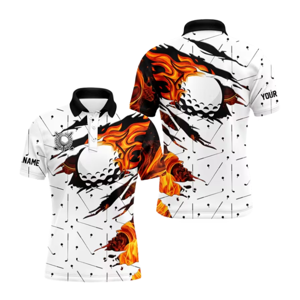 Personalized Flaming Ball Men's White Golf Polo Shirts, Custom Flame Golf Shirts GZ0468
