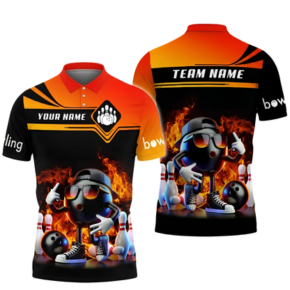 Custom Funny Ball Flaming Bowling Polo Shirt Mens, Custom Flame Team Bowling Shirt BZ1028