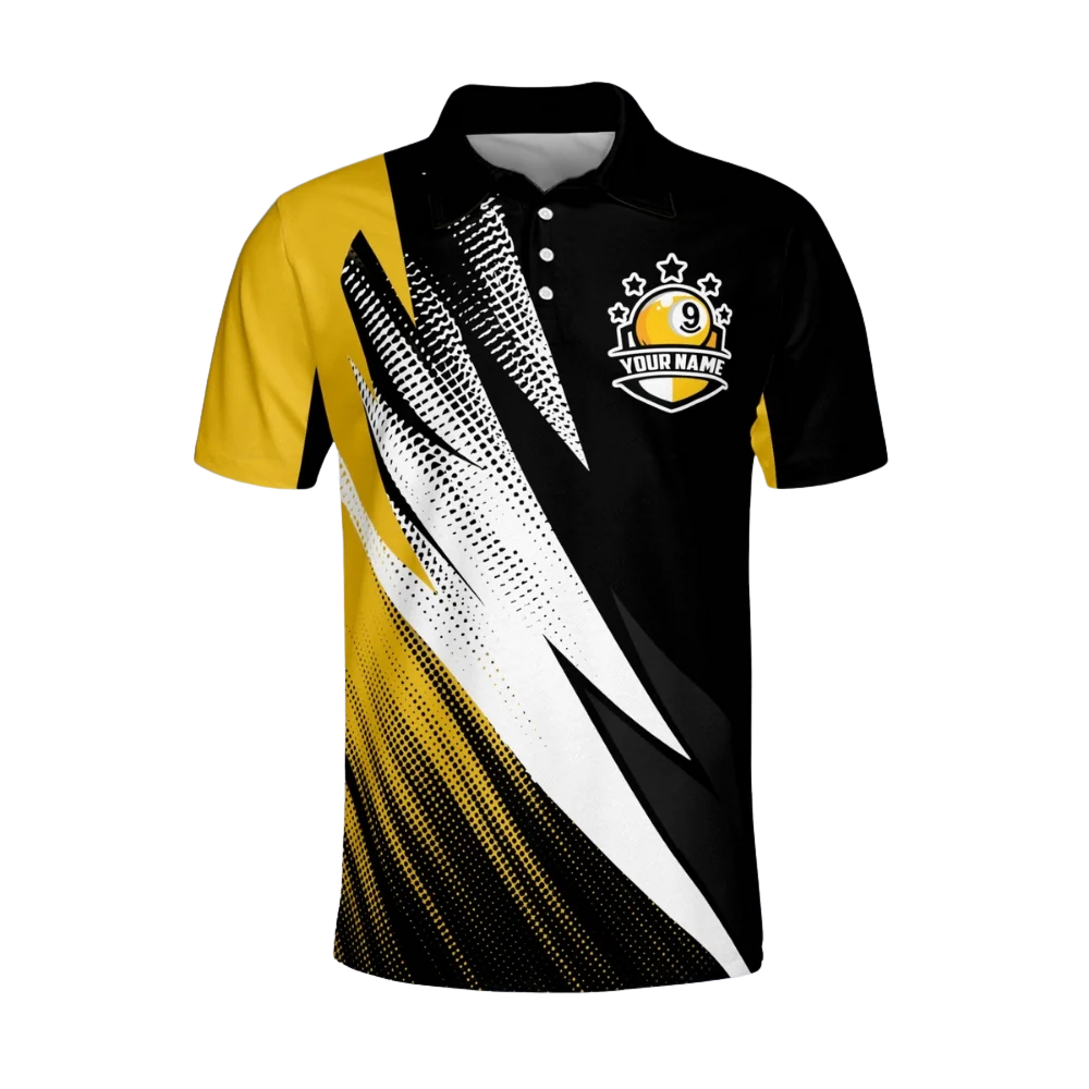 Custom Black Yellow 9 Ball Billiard Polo Shirt Men, Custom Team 9 Ball Billiard Shirts BIZ0179