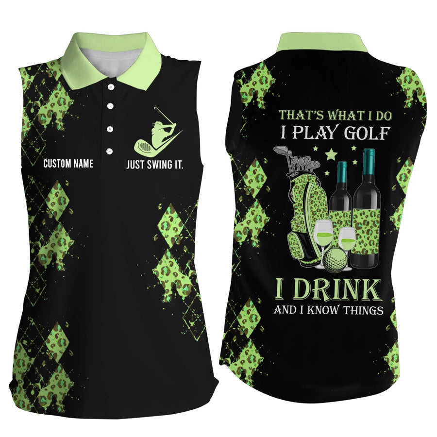 Personalized leopard Women sleeveless polo shirt multicolor, funny golf wine That's what I do, I play golf drink SO1345