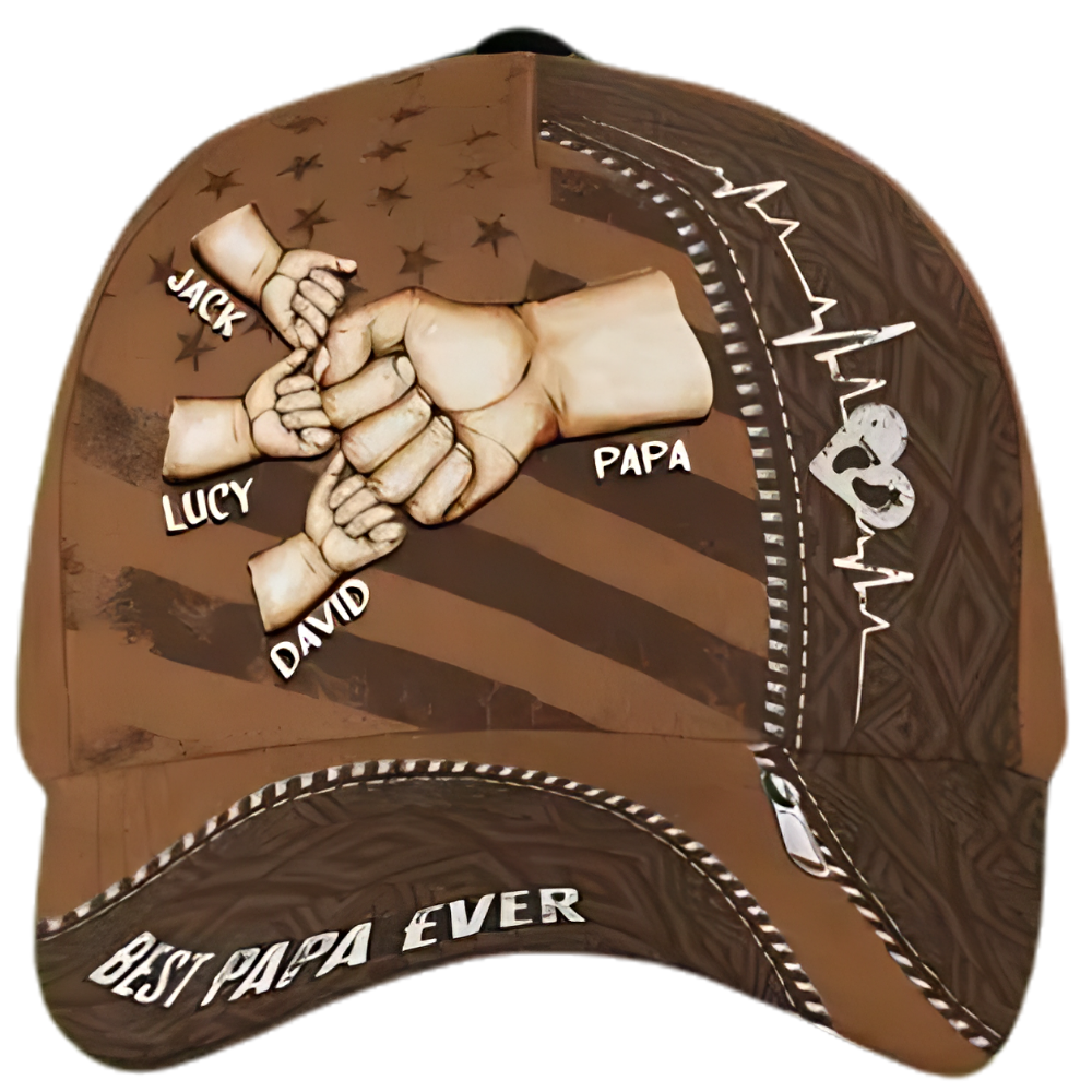 Best Papa Ever Custom Fist Bump Kid Names Baseball Cap, Custom 3D Printed Cap For Father CP0520