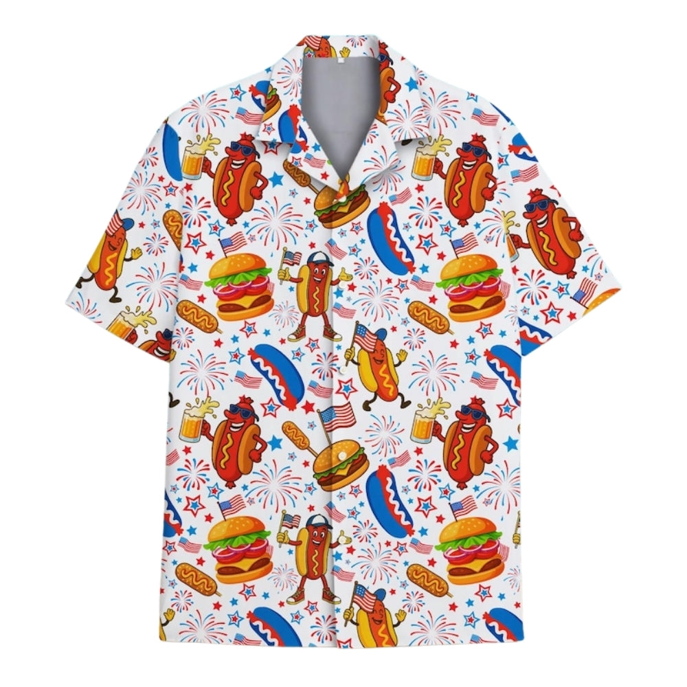Funny Hot Dog And Burger American Flag Hawaiian Shirt Men Women, Hot Dog 4th of July Hawaiian Shirts HE0398